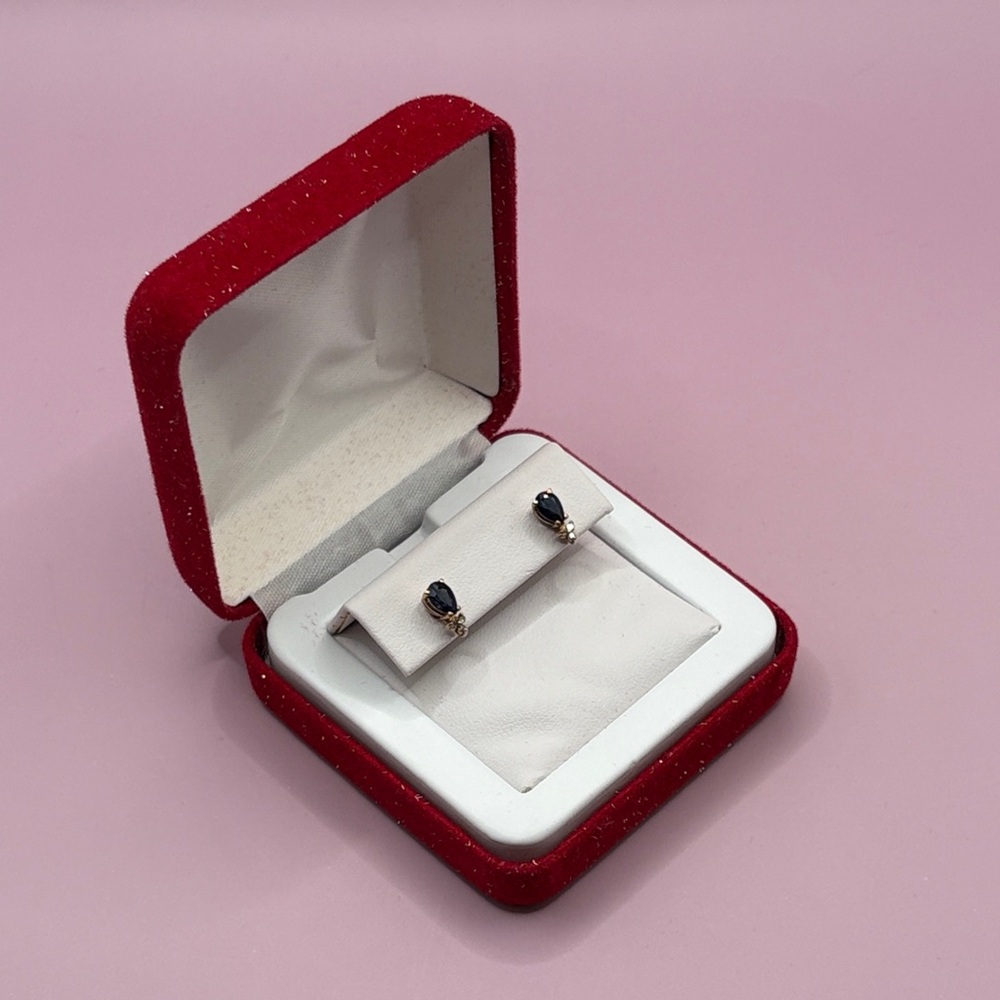 Beautiful 10K Gold Genuine Sapphire and Diamond Chip Teardrop Stud Earrings - Picture 10 of 11